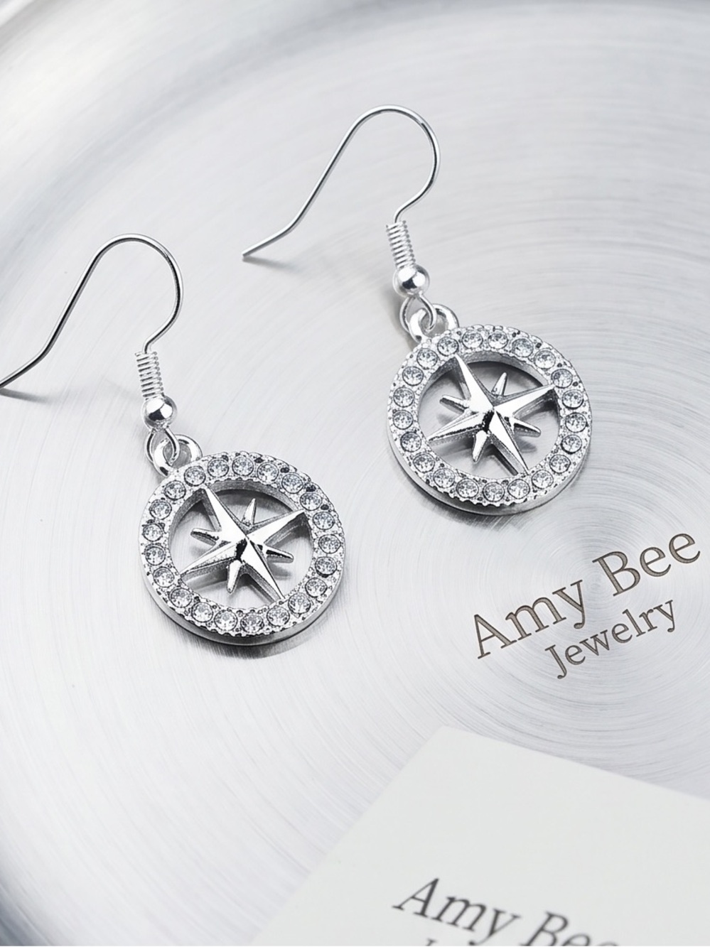 Silver Plated Compass Star Dangle Earrings with CZ Accents. New.